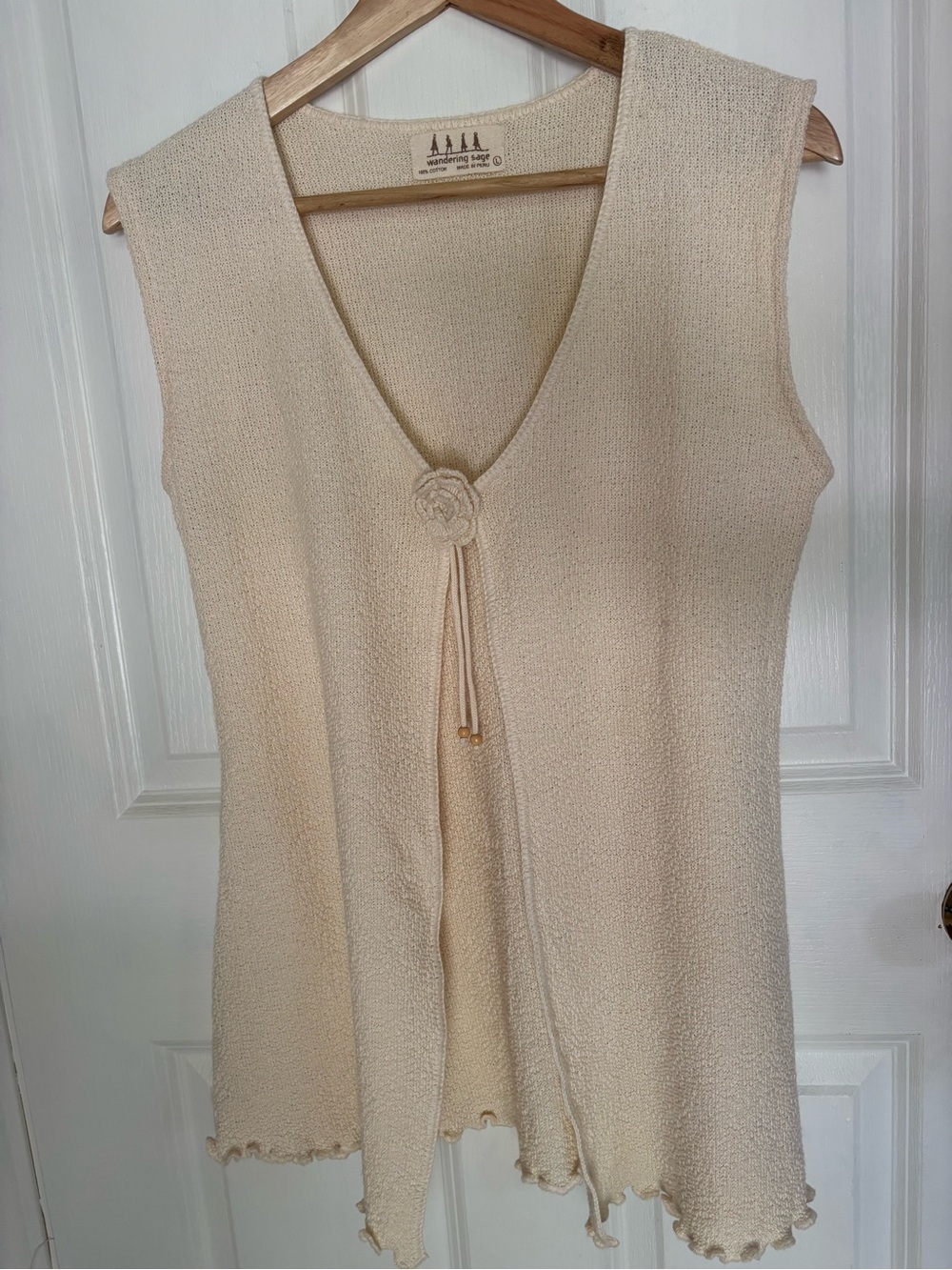 Vintage Wandering Sage 100% Cotton Knit Vest Cream Large Boho Y2K